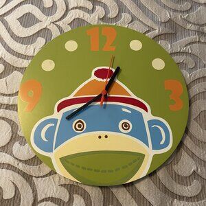 Monkeez Sock Monkey Nursery Child Bedroom Wall Clock Lime Green Blue EUC